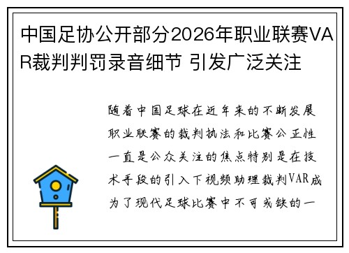 中国足协公开部分2026年职业联赛VAR裁判判罚录音细节 引发广泛关注